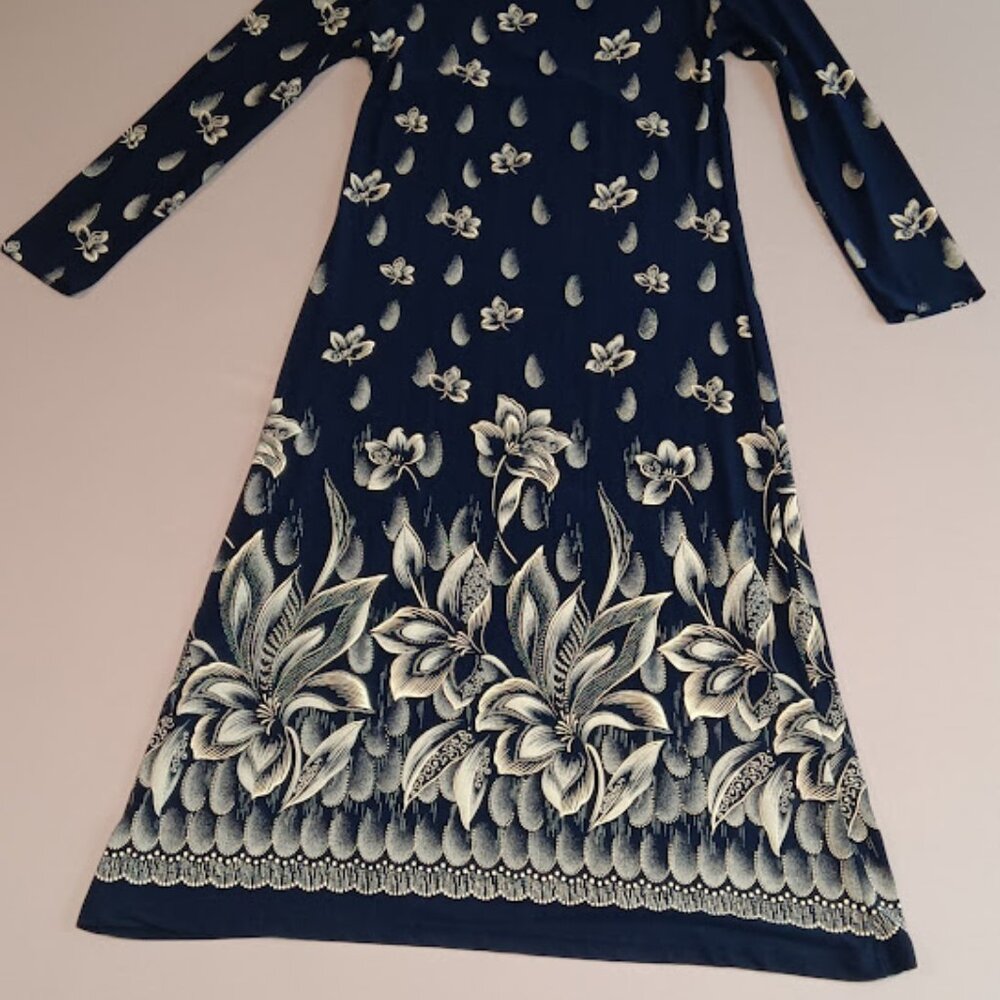 Vintage Superline USA Maxi Dress XL Gold Floral Navy Long Sleeve Elegant Beauty - Picture 3 of 13
